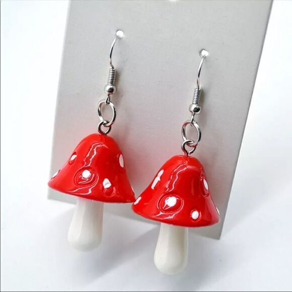 Red Mushroom Drop Earrings Psychedelic Magic Fun Funky - Picture 1 of 3